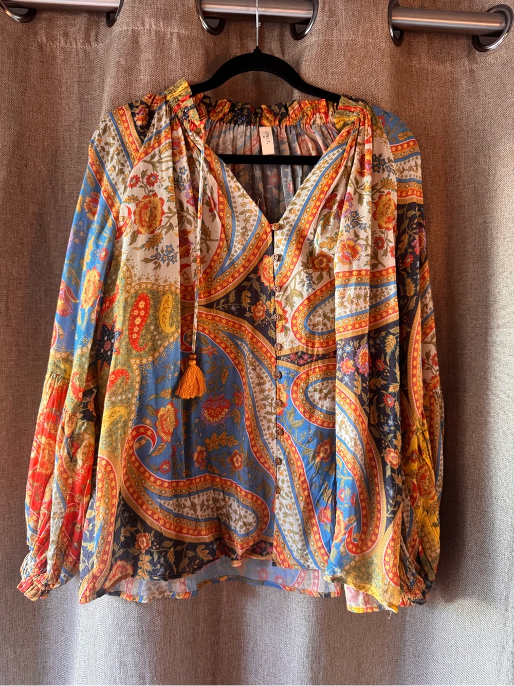 Spell Belladonna Multicolor Paisley Peasant Blouse with Tassel Tie